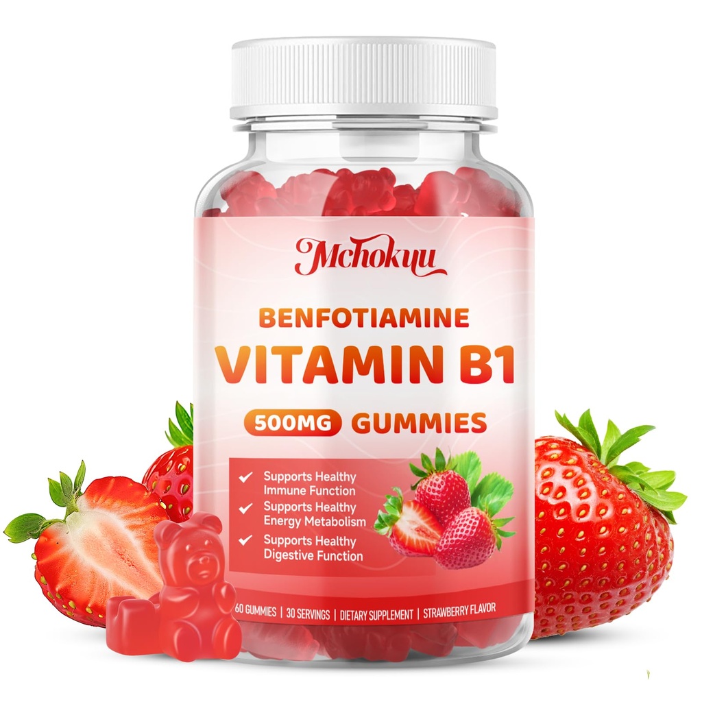 Vitamin B1 Gummies 500mg with Benfotiamine – Thiamine Supplement for Women & Men Supports Healthy Energy Metabolism & Immune, Sugar-Free | Vegan | Non-GMO, Natural Strawberry Flavor, 60 Count