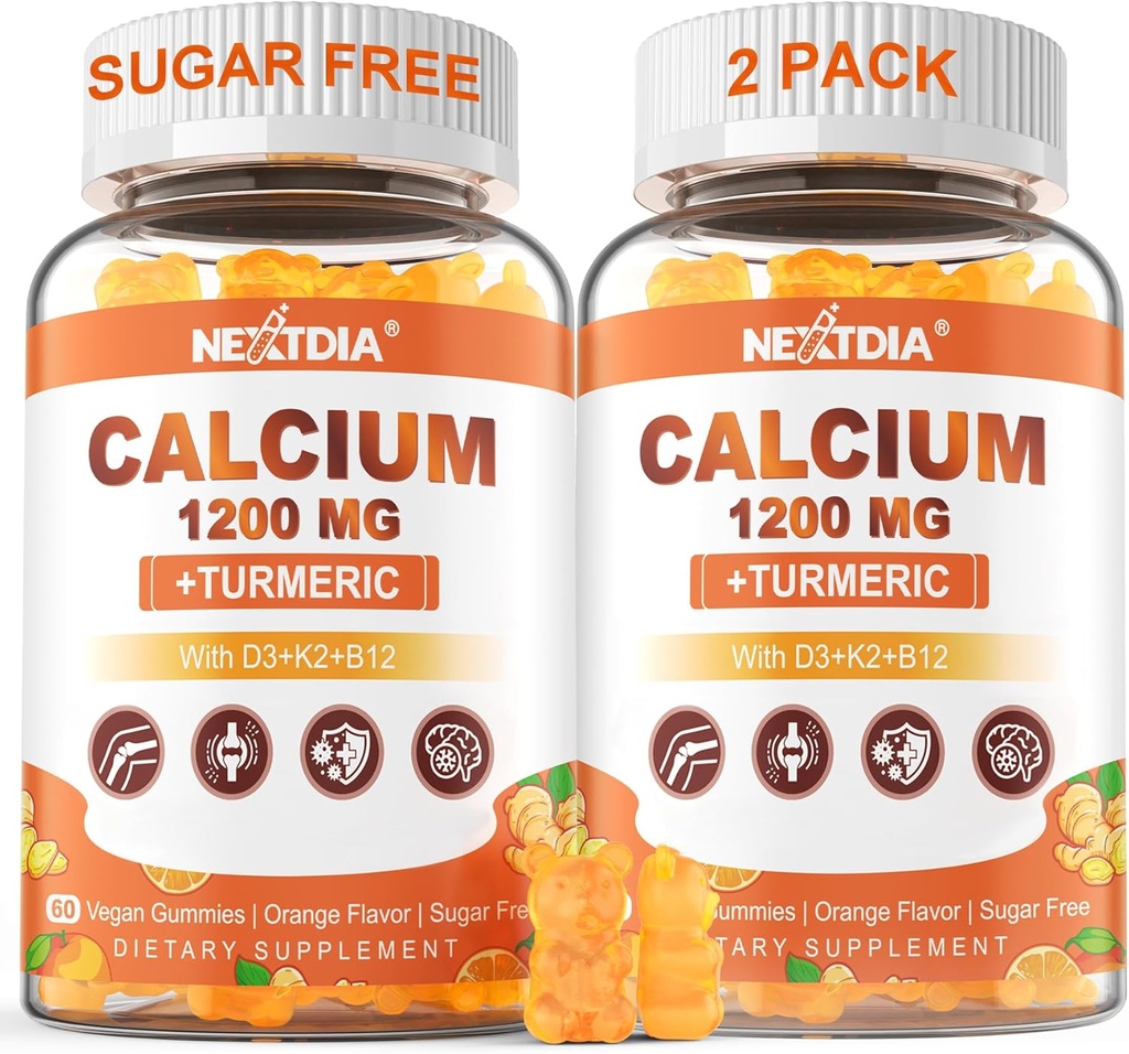 Ασβέστιο 1200 mg με βιταμίνη D3 Gummies - Ασβέστιο + Κουρκουμάς συμπλήρωμα για γυναίκες και άνδρες με βιταμίνη K2 B12 - Υποστήριξη Οστών & μυών - Χωρίς ζάχαρη - Vegan (120 Count)