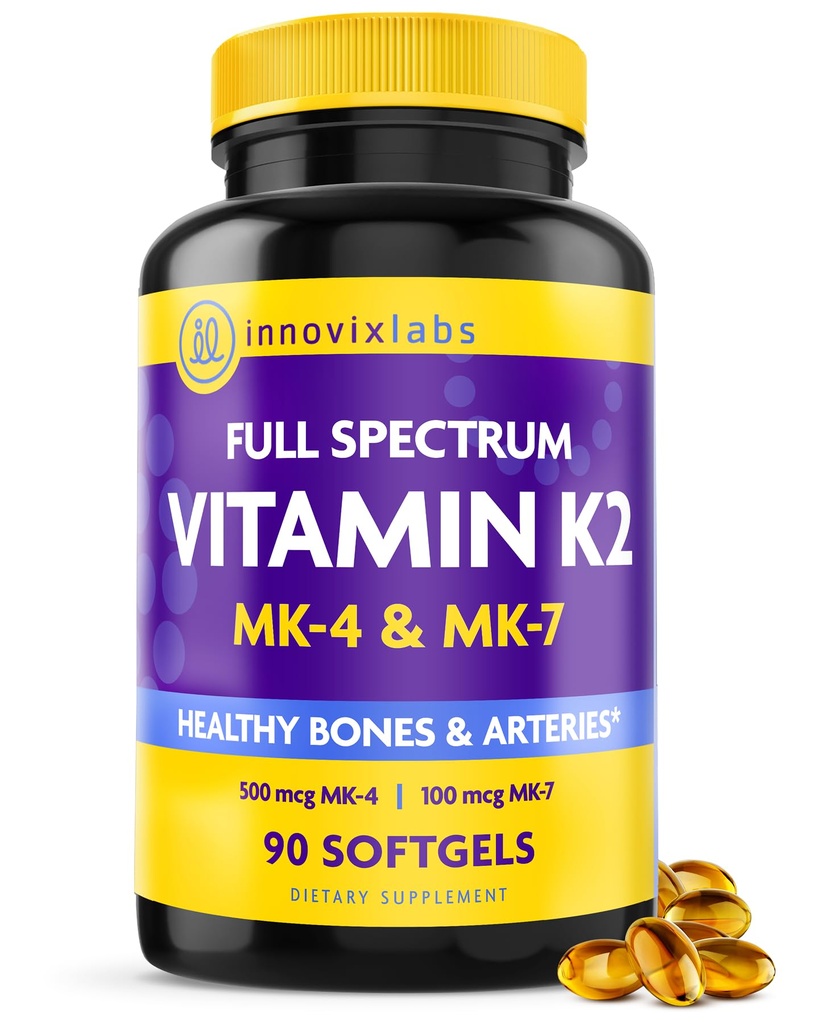 InnovixLabs πλήρες φάσμα βιταμίνης K2-90 Softgels με 600 mcg Trans Form MK7 και MK4 - Υποστηρίζει Γενική Υγεία και δύναμη των οστών - χωρίς σόγια και γλουτένη K2 συμπλήρωμα βιταμίνης
