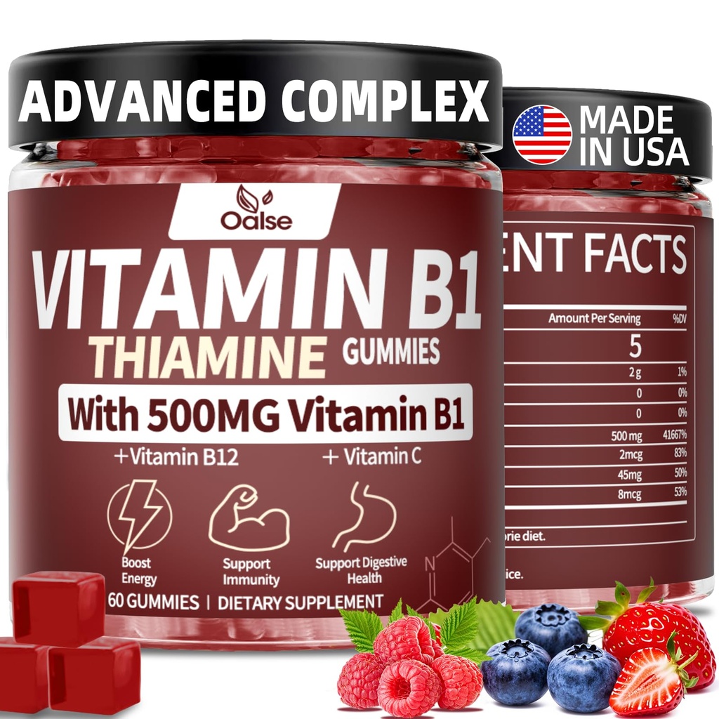 Thiamine Vitamin B1 Gummies - 500g Vegan Sugar Free Thiamine Supplement, with Natural Mixed Berries Flavor for Adults & Kids (60 Counts) Focus Supplement