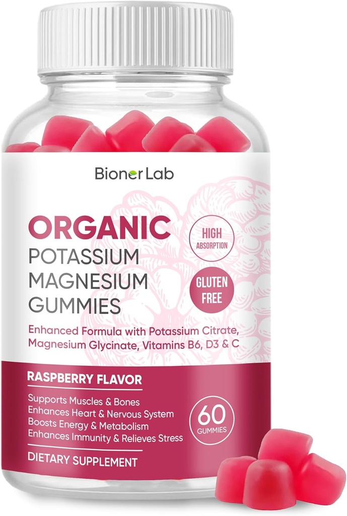BionerLab Κάλιο Μαγνήσιο Gummies με βιταμίνη D3 B6 C - Υψηλή Απορρόφηση Κάλιο 99mg Μαγνήσιο Γλυκινικό 250mg Μασώμενα συμπληρώματα για γυναίκες άνδρες Ενήλικες Παιδιά
