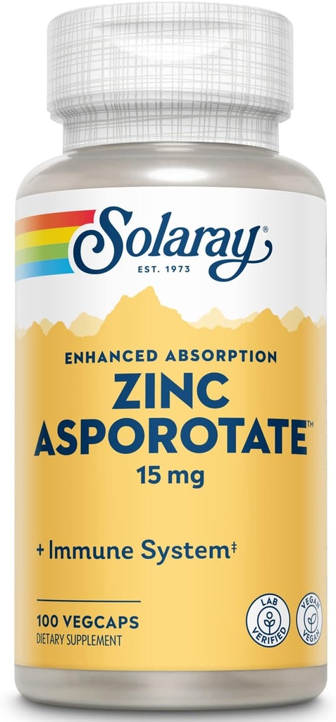 Solaray çinko Asporotate 15 mg Chelated Kompleksi | Immune & Endocrin Support, Hücre & Skin Health Formula, 100 VegCaps
