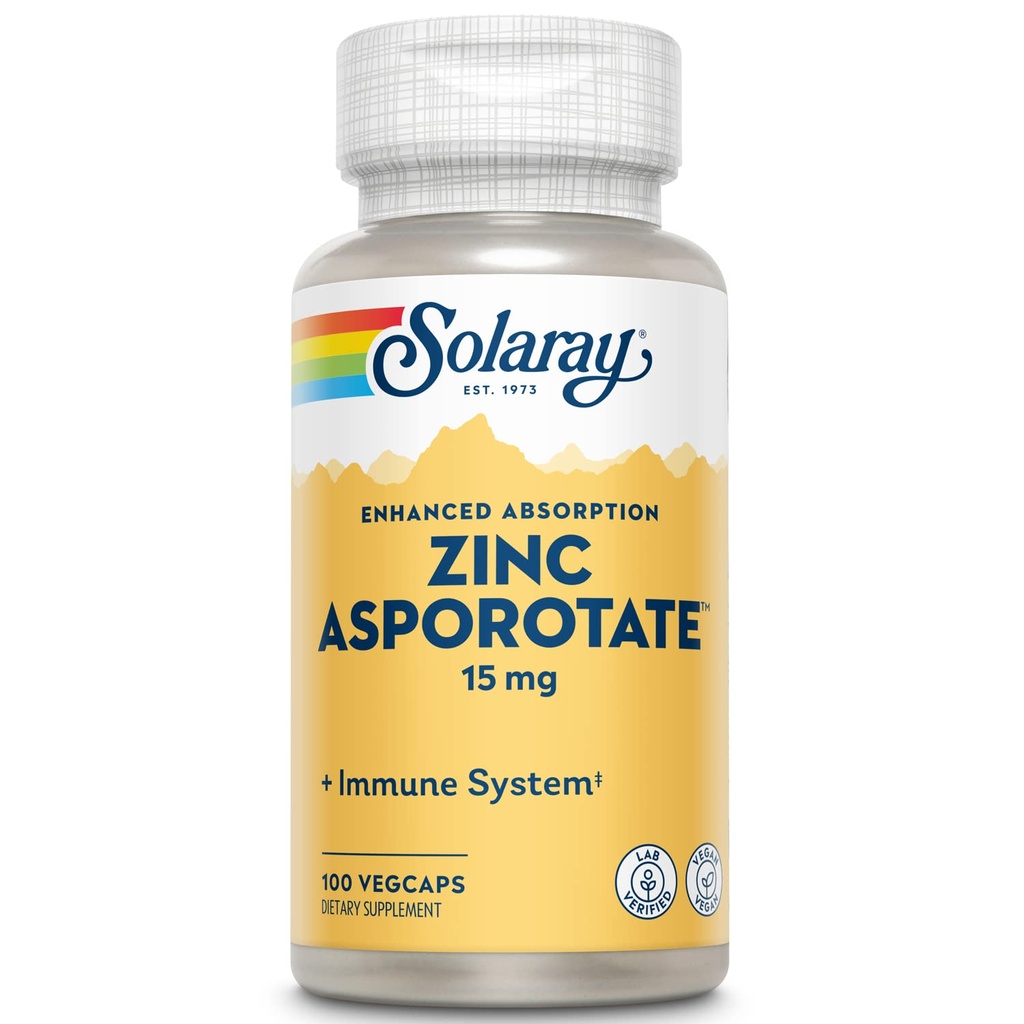 Solaray çinko Asporotate 15 mg Chelated Kompleksi | Immune & Endocrin Support, Hücre & Skin Health Formula, 100 VegCaps