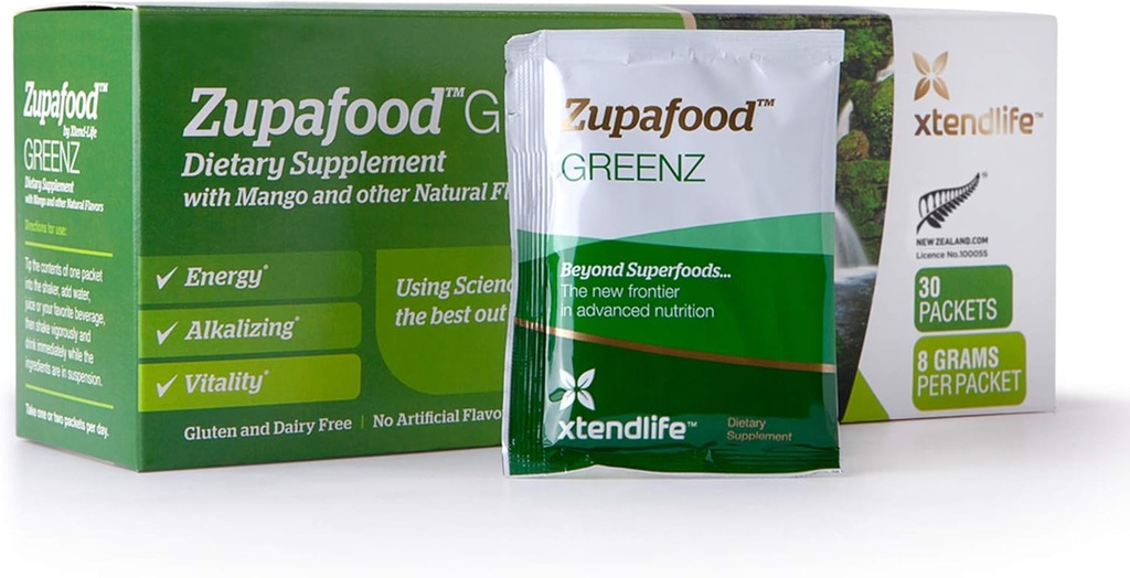 Xtendlife Zupafood GREENZ Toz - Organik Yeşiller Toz Superfood Detox Juice Mix with Spirulina/Wairgrass for Gut Health, Natural Detoxification & Strong Immunity | 30 Packs (Vegan & Gluten Free)