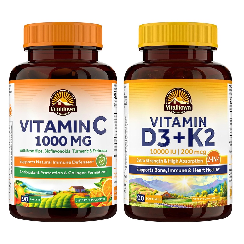 Vitalitown Vitamin D3 K2 Supplement and Vitamin C Complex 1000mg