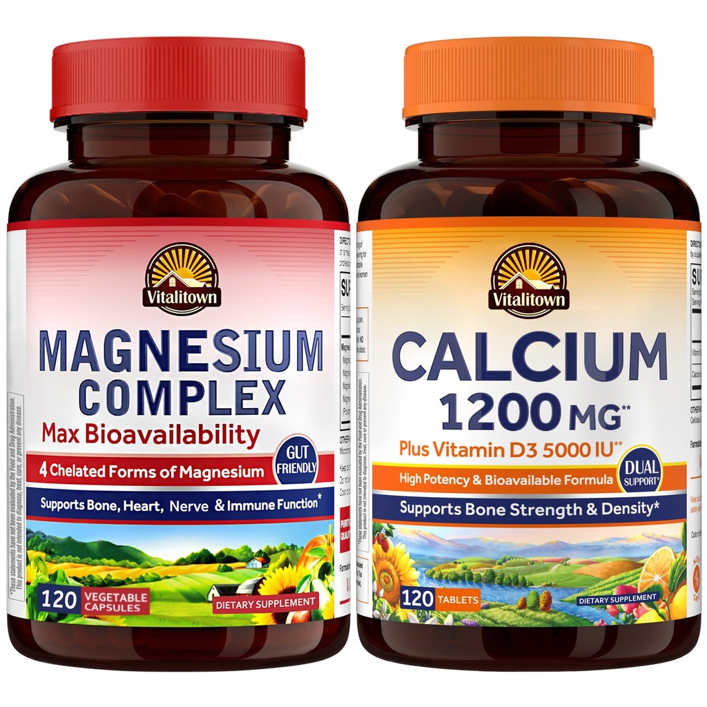 Vitalitown Calcium Magnesium & D3 Bundle: High Absorption Calcium for Bone & Immune Support with Gentle Stomach Magnesium Complex, NSF Certified