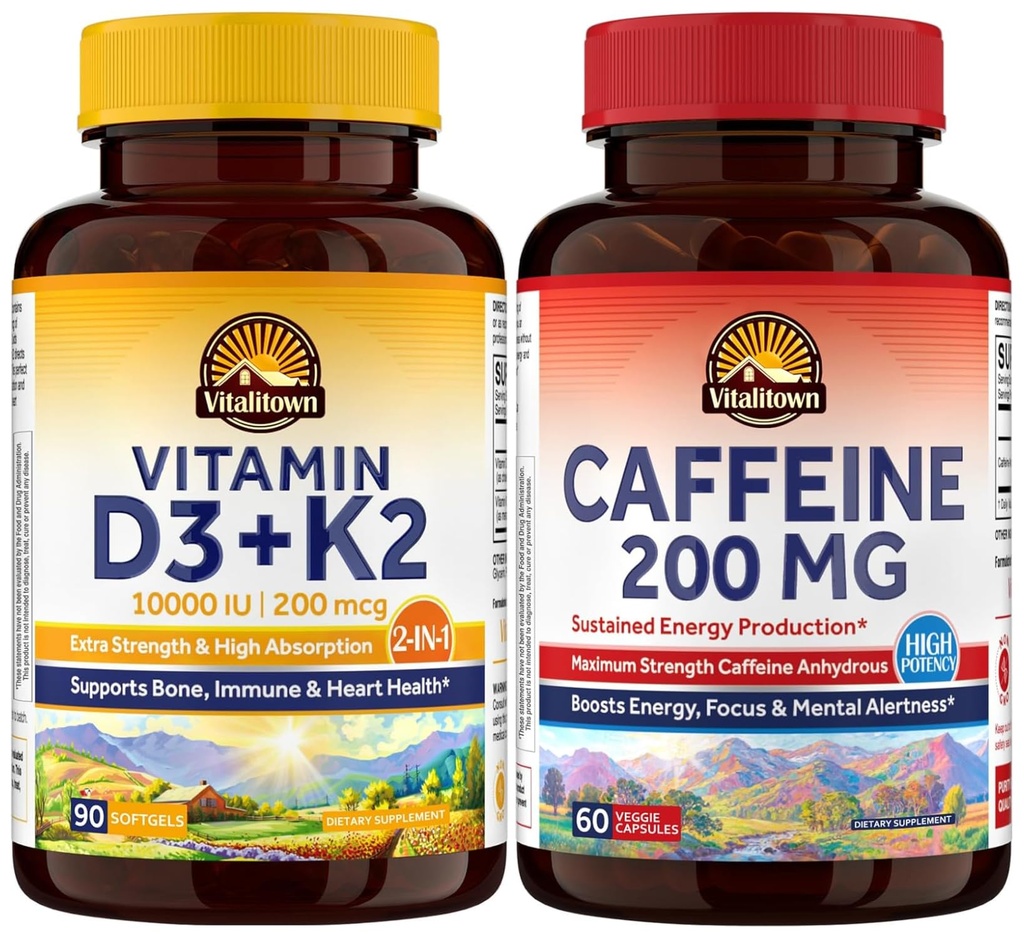 Vitalitown Vitamin D3 + K2 Softgels & Caffeine Capsules Bundle, Non-GMO, Gluten Free, 2-Pack