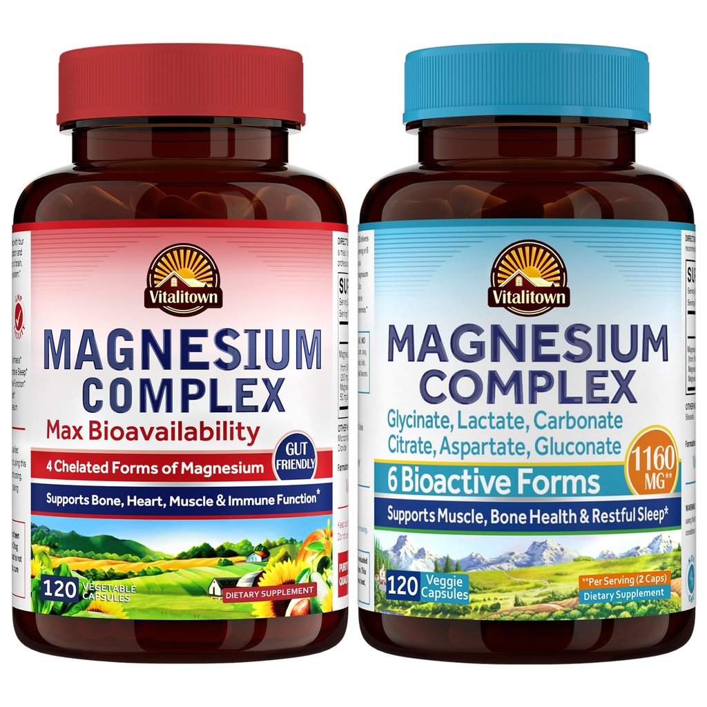 Vitalitown Magnesium Bundle (Pack of 2) | 4-in-1 & 6-in-1 Magnesium Complex | for Bone & Muscle | Magnesium Glycinate, Magnesium Citrate | 120 Magnesium Capsules