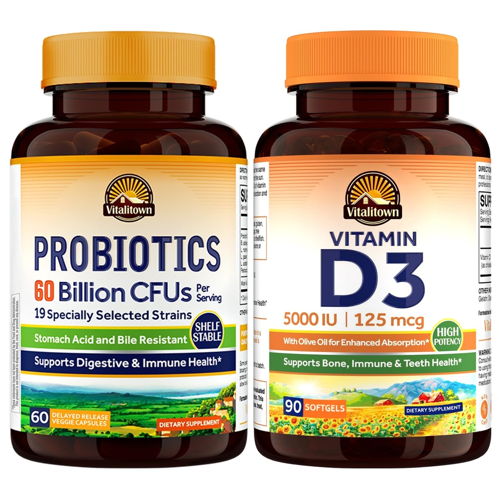 Vitalitown 60 Billion CFU Probiotics (60 Veg Caps) + 5000 IU Vitamin D3 (90 Softgels) | Gut, Immune & Bone Health Boost Bundle