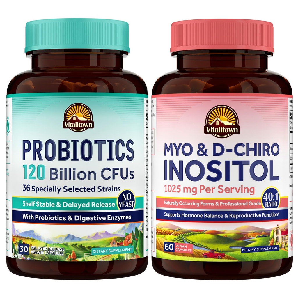 Vitalitown Probiotics & Inositol Bundle - 120 Billion CFUs 36 Strains + Prebiotics & Digestive Enzymes + Myo-Inositol & D-Chiro, Digestive Health, Immune & Hormone Balance for Men & Women