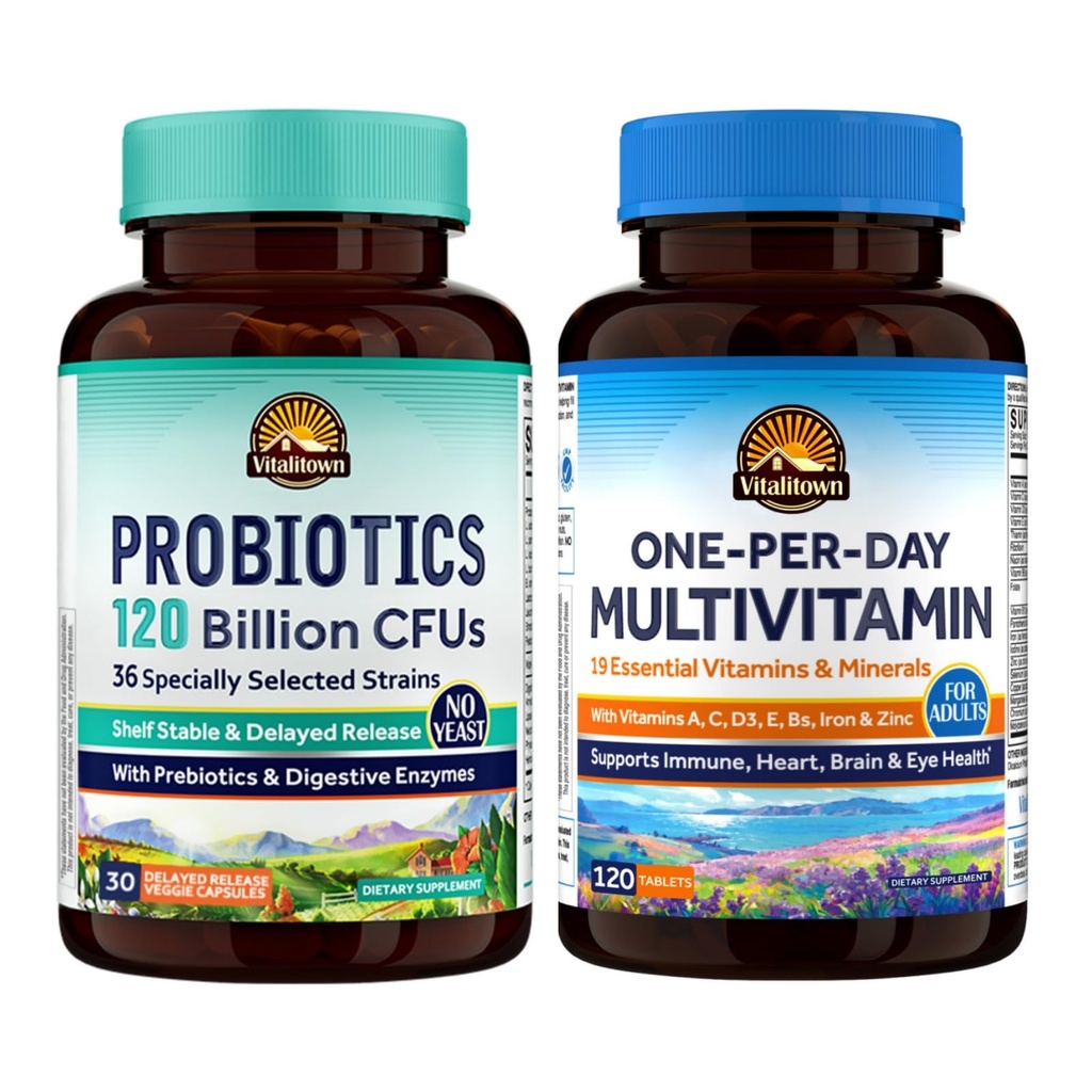 Vitalitown Probiotics & Daily Multivitamin Bundle (Pack of 2) | Probiotics 120 Billion CFUs (Item 1) & Multivitamin with Iron, Zinc (Item 2)