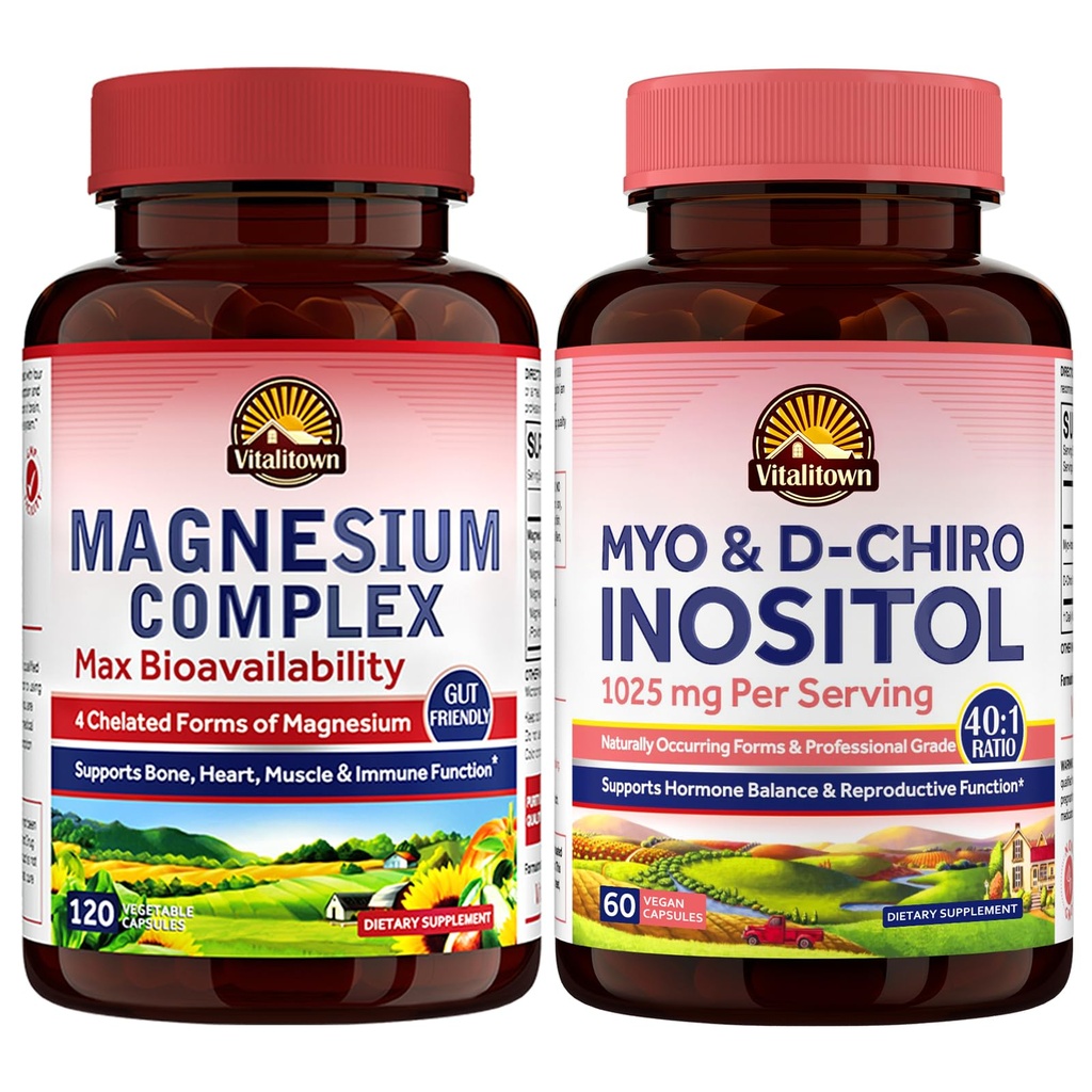 Vitalitown Magnesium Complex & Inositol Bundle - 500mg Chelated Magnesium Glycinate + Myo-Inositol & D-Chiro for Women, Sleep Support, Muscle Relaxation & Hormone Balance, Vegan Non-GMO