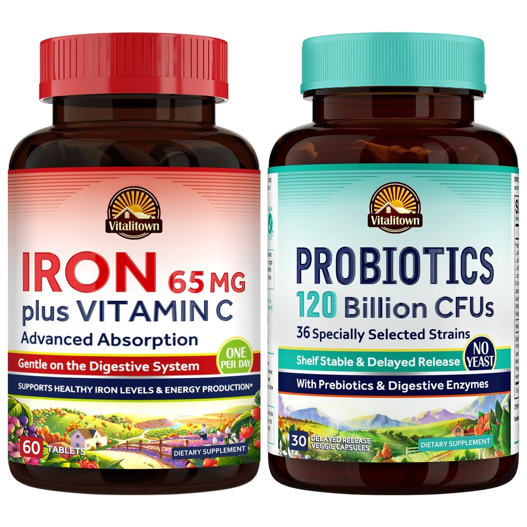 Vitalitown Probiotic + Iron Supplement Bundle | Probiotics 120 Billion (Item 1) & 65mg Iron Suplement (Item 2) | Gut, Bone, Muscle, Blood Building, Energy | Vegan | 30 Capsules & 60 Tablets