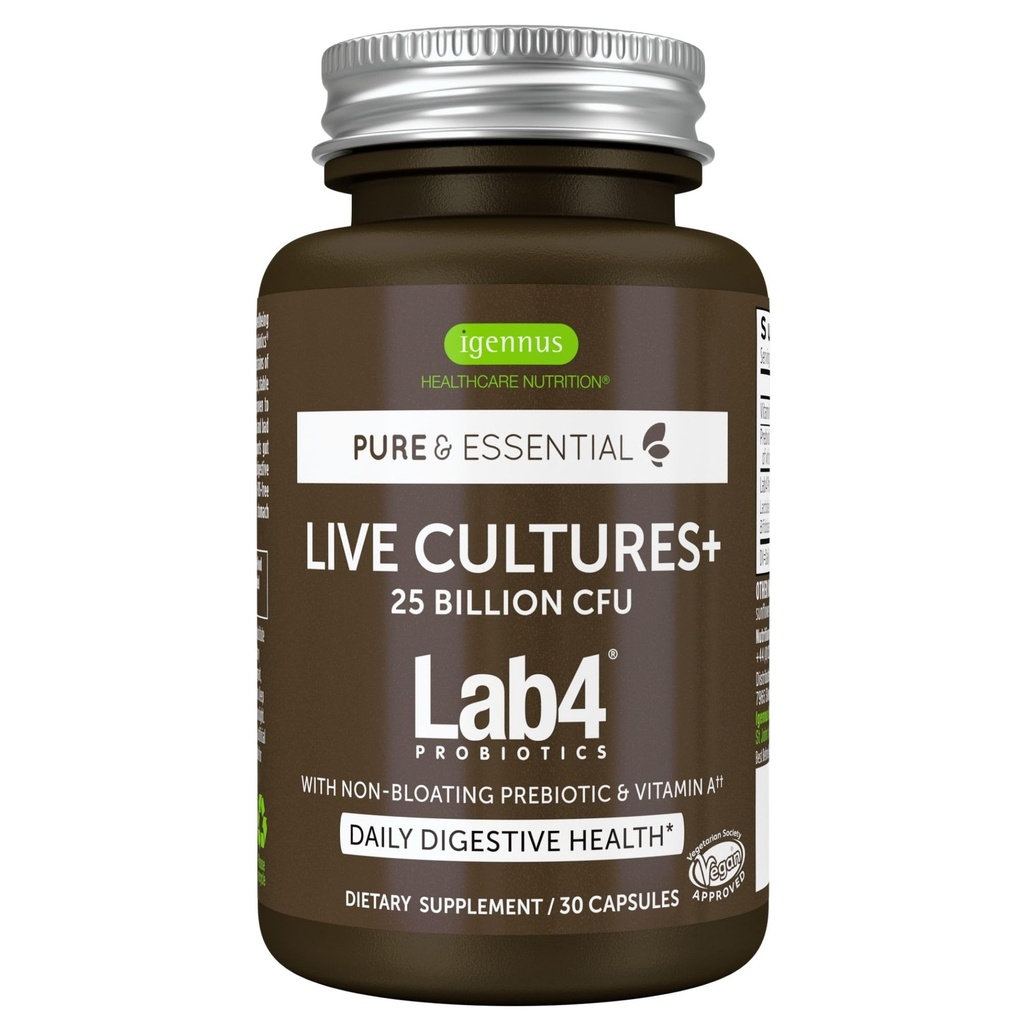 Igennus Probiyotiks & Prebiyotik 2 1, Lactobacillus Acidofilius & Bifidobacterium, Gut Health Support, Live Cultures+ Lab4, 25 Milyar C,FU & Men, Non-Blo Capsules, Non-GMO, 30