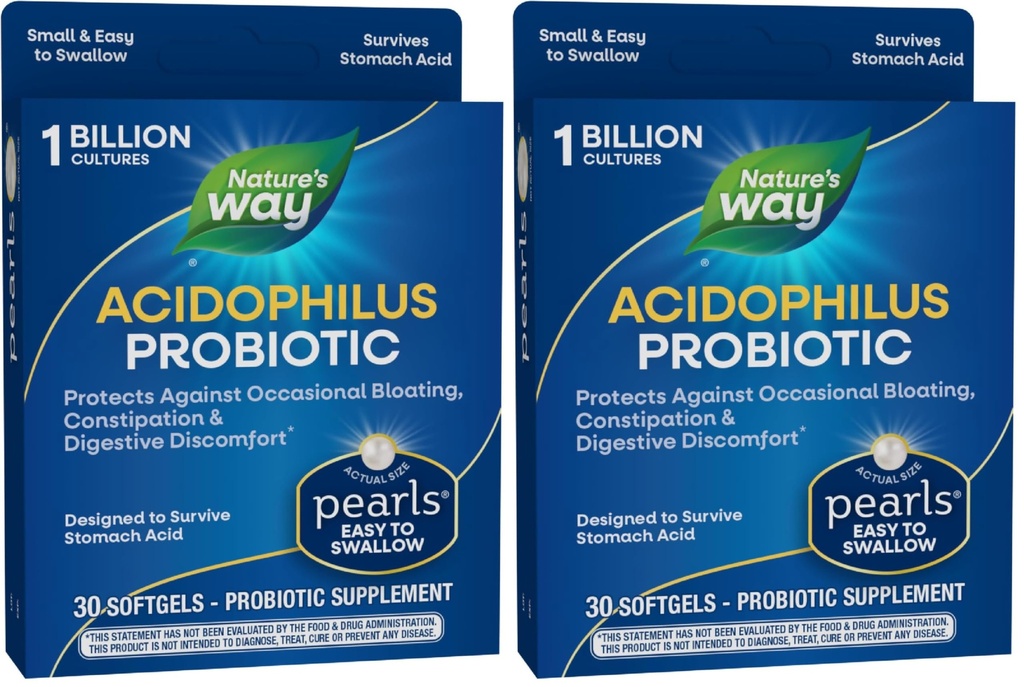Nature's Way Acidofilius Probiyotik Pearls, Supports Digestive Balance & Gut Health,Reduce Occasional Constipation and Bloating*,1 Milyar Kültürler,30 Softgels,(Pack of 2)