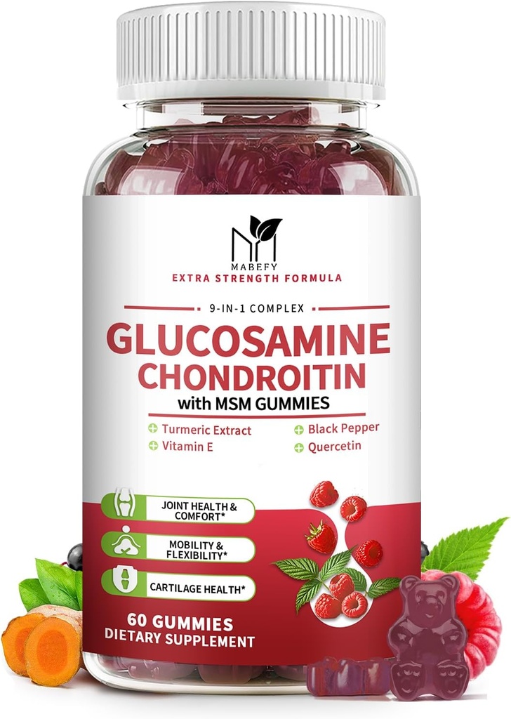 Glucosamine Chondroitin Gummies Triple Strength (1.000 mg Glucosamine,750 mg Chondroitin) MSM, Turmeric, Quercetin, E, Ortak Destek Tamam, Antioksi 60 Gummies Raspberry Flavor Flavor