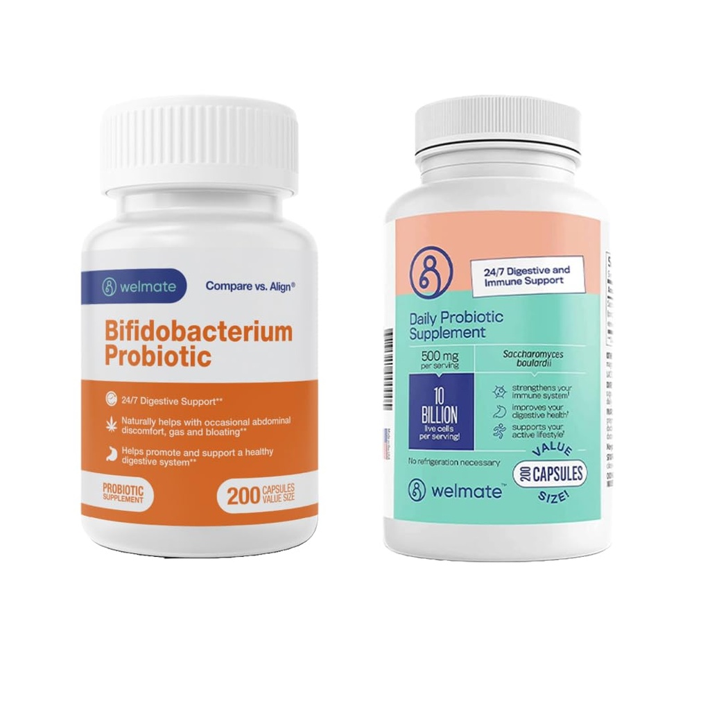 WELMATE Probiotic Bundle: Saccharomyces Boulardii 10 Billion CFU & Bifidobacterium Gut Health Formula - Vegan, Gluten-Free, Non-GMO, Digestive & Immune Support - 400 Total Veggie Capsules