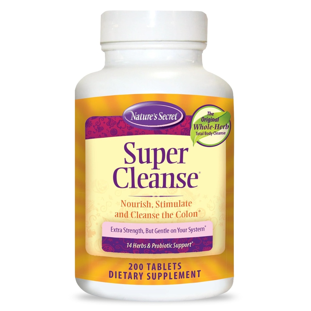 Nature’s Secret Super Cleanse - Extra Strength Colon Cleanse with 14 Herbs & Probiotic Support - Promotes Gut Health Detox Cleanse & Digestive Support Gentle Elimination Formula - 200 Tablets