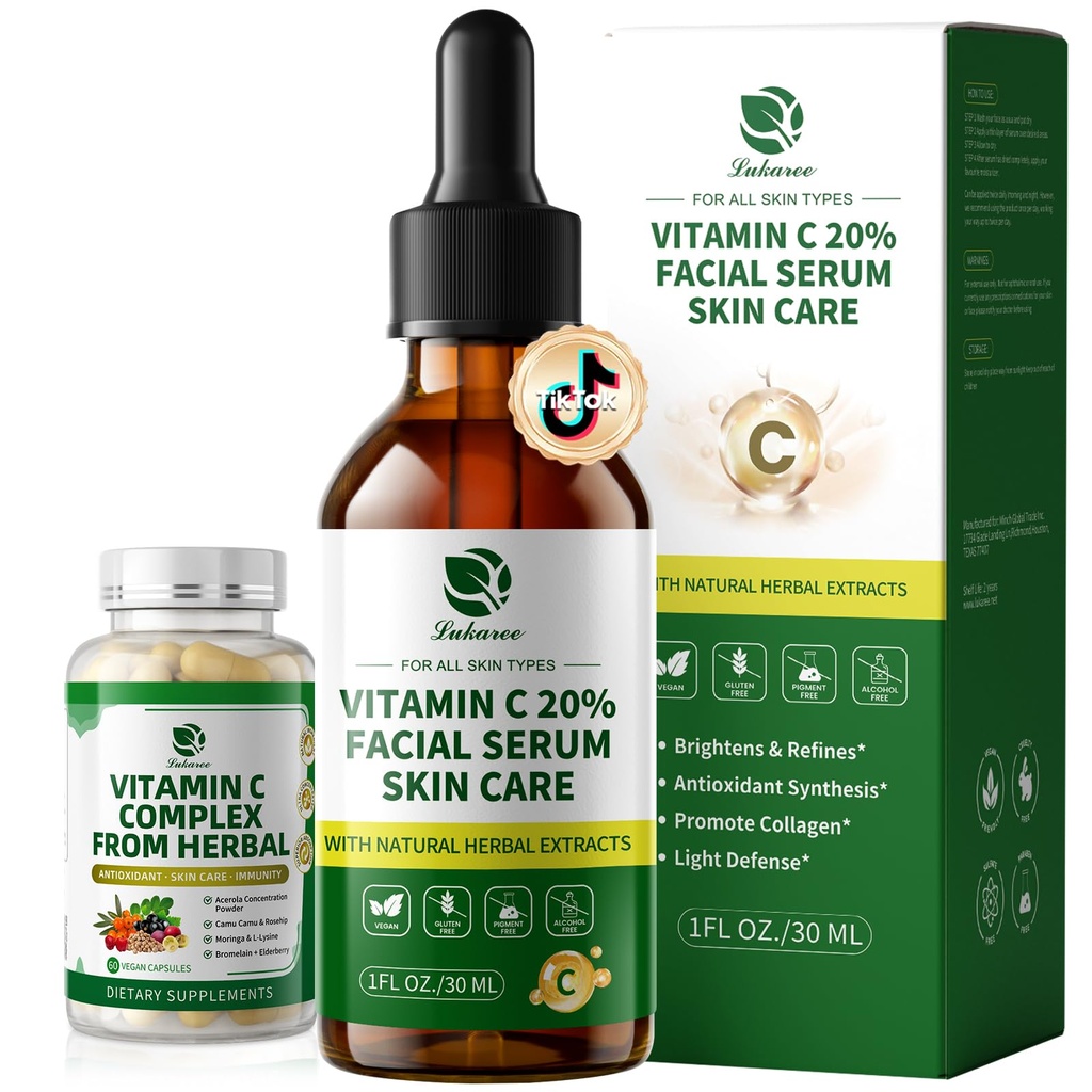 Vitamin C Serum for Face, 20% Brightening Face Serum with Sodium Hyaluronate for Dark Spots & Fine Lines – Support Collagen & Skin Radiance, Plus Vit C Caps for Inside-Out Support, 1 Fl Oz + 60 Caps