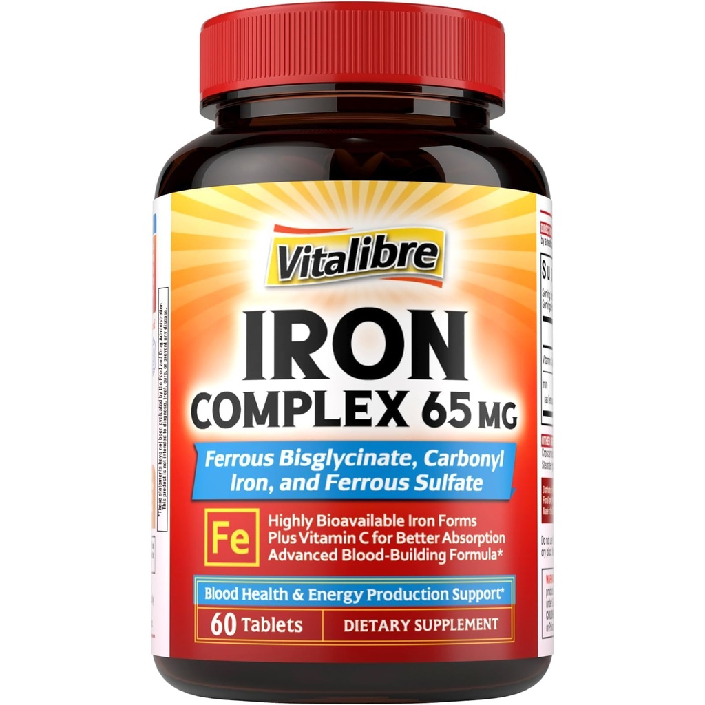Iron Supplement, 3-in-1 65mg Iron Complex Ferrous Bisglycinate, Sulfate, Carbonyl Iron with Natural Vitamin C, Stomach Friendly Iron Pills for Blood Building, High Absorption, Non GMO, 60 Vegan Tabs