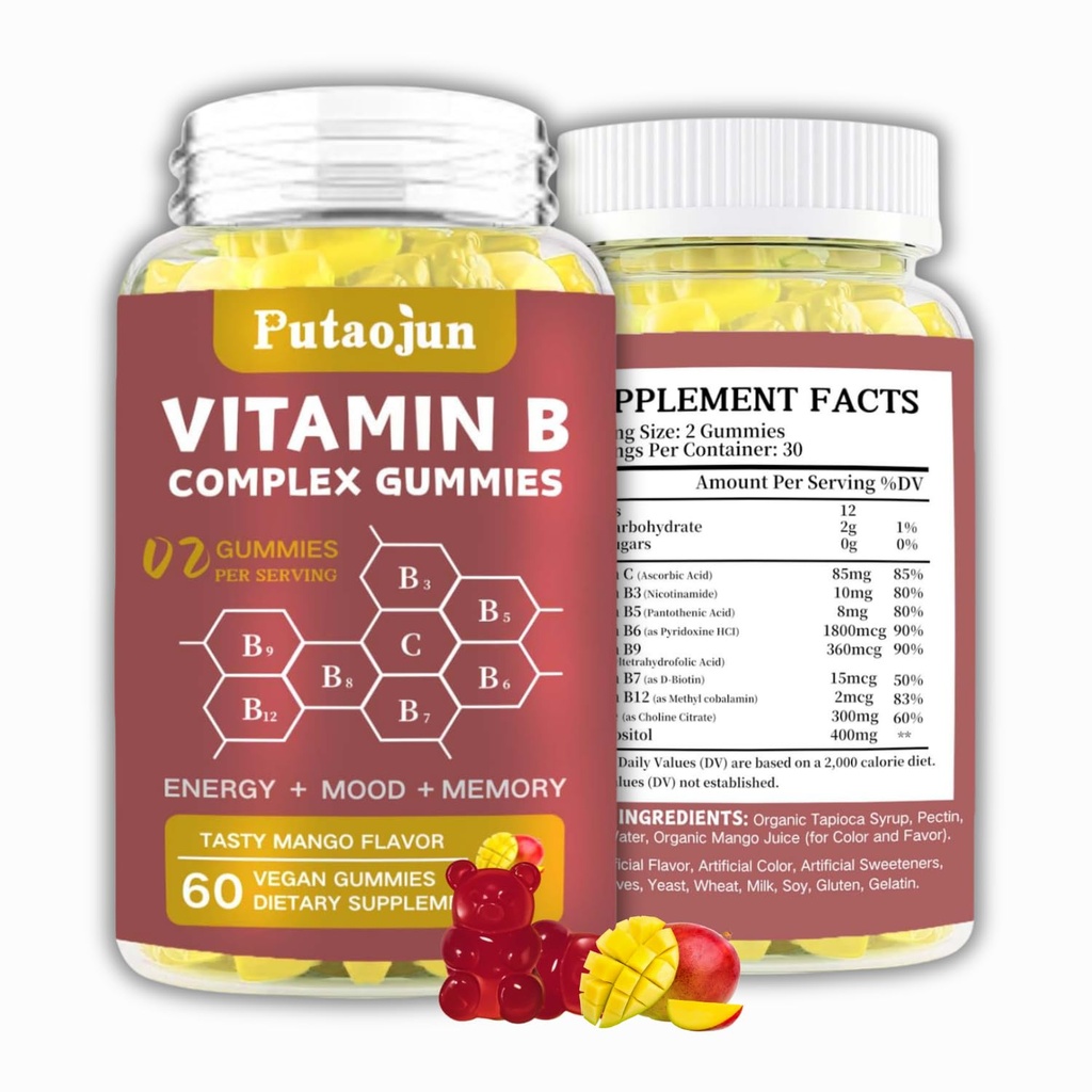Vitamin B Complex Gummies with Vitamin C, Choline & Zinc - Support Energy, Metabolism & Immune Support - Tasty Mango Flavor - Vegan, Gluten-Free, 60 Count