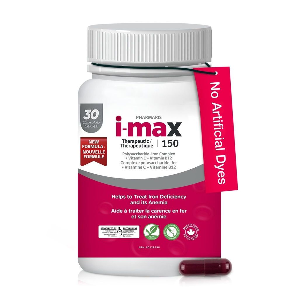 Pharmaris i-max Iron Supplement 150 mg, Vitamin C 250 mg & B12 1000 mcg, Iron Supplement for Women & Men, No Artificial Dyes, Vegan, Once Daily, 30 Capsules