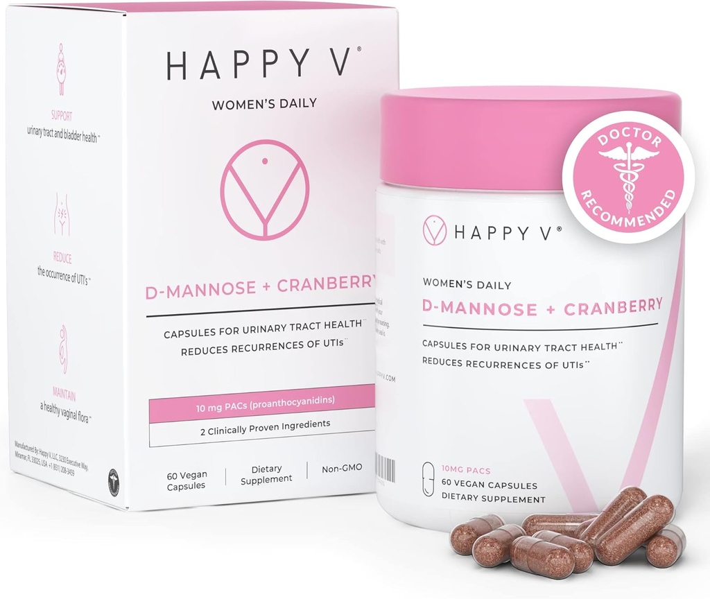 Happy κατά Dr. Formulated D-Mannose με χάπια Cranberry για τις γυναίκες Cranberry για τις λοιμώξεις της ουρικής αρθρίτιδας & D Mannose σκόνη για την πρόληψη λοίμωξης UTI, Bladder & Urinary Tract Health & Harmony