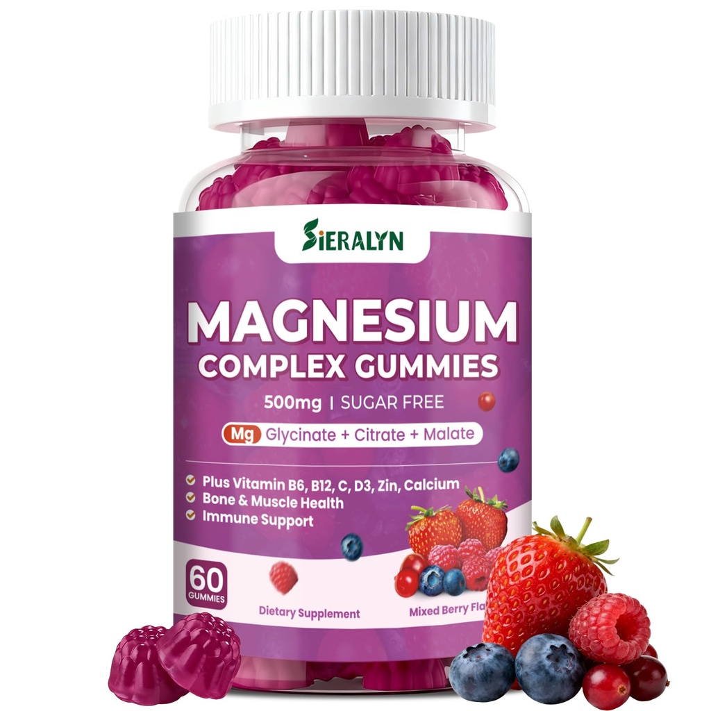 Magnesium Complex Gummies 500mg - Magnesium Glycinate, Citrate, Malate with Vitamin D3, C, B6, B12, Zinc & Calcium, Magnesium Supplement Chewable Support Calm, Muscle, Mood - Vegan 60 Counts