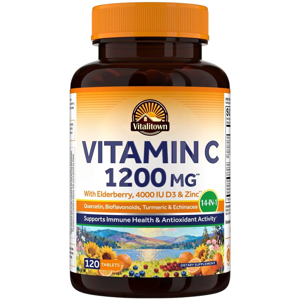 Vitalitown Vitamin C Complex 1200mg with Elderberry, Vitamin D3, Zinc, Quercetin, Rose Hips, Bioflavonoids, Turmeric & Echinacea, 120 Tablets, Non-GMO