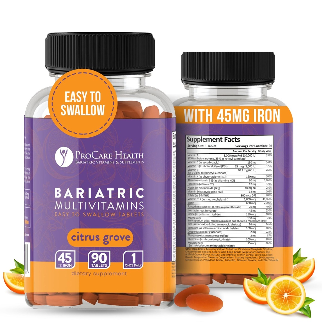 ProCare Health Bariatric Multivitamin with Iron 45mg (90 Easy to Swallow Tablets) - Post Op Bariatric Vitamins for Gastric Bypass Pills for Sleeve Patients, Sustains Recovery & Energy (3 Month Supply)