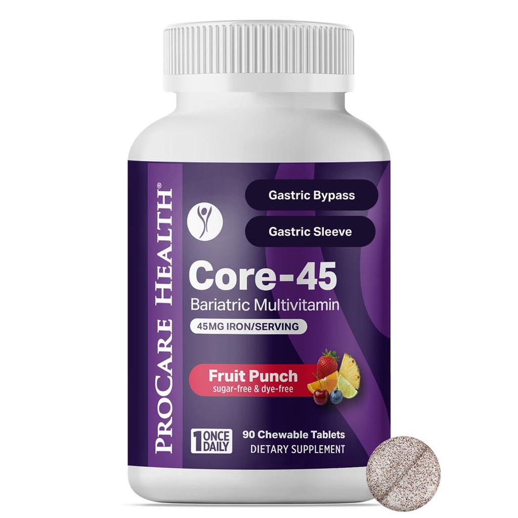 Procare Health Bariatric Multivitamin with Iron 45mg Chewable (90 Tablets) - Fruit Punch Flavor Bariatric Multivitamin Chewable Pills for Gastric Bypass & Sleeve Gastrectomy Patients (03 Month Supply)
