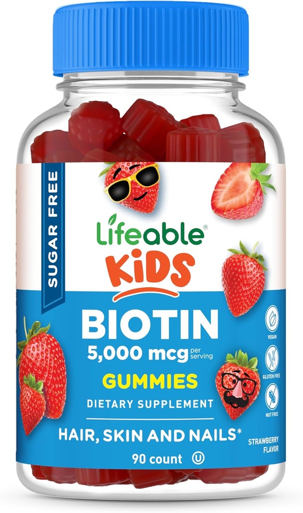Lifeable Sugar Free Kids Biotin Gummies | 5000 Live Tasting Biotin Supplement | Biotin Gummies for Hair growth, Skin and Nail Health | Hair Vitamins for Kids, Girls | 90 Gummies