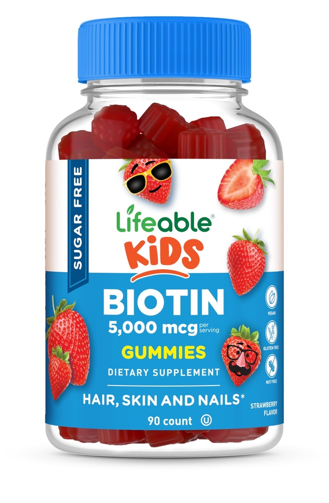 Lifeable Sugar Free Kids Biotin Gummies | 5000 Live Tasting Biotin Supplement | Biotin Gummies for Hair growth, Skin and Nail Health | Hair Vitamins for Kids, Girls | 90 Gummies