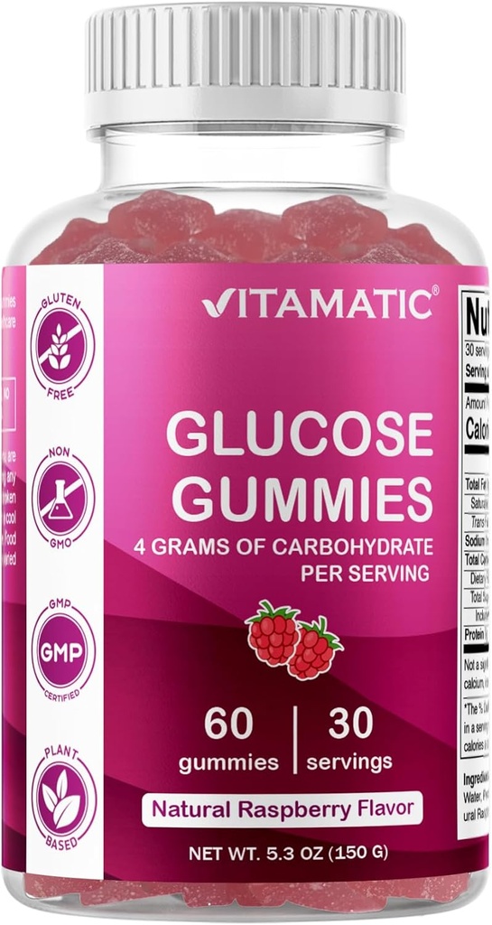 Vitamatic Glucose çiğnemek Gummies - 60 Kont - Natural Raspberry Flavor - 4G of Carbohidrat ( Şişe)