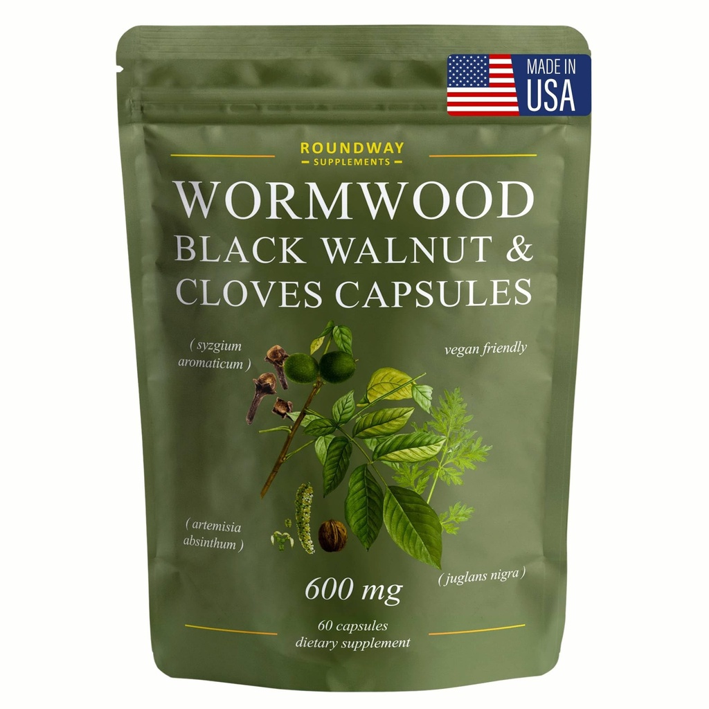 Wormwood Black Walnut Hull and Clove Capsules | High Strength Cleanse for Humans. 2 Months Supply | 60 Capsules, 600mg. Gluten-Free and Non-GMO. Vegan Supplement (Pack of 1)