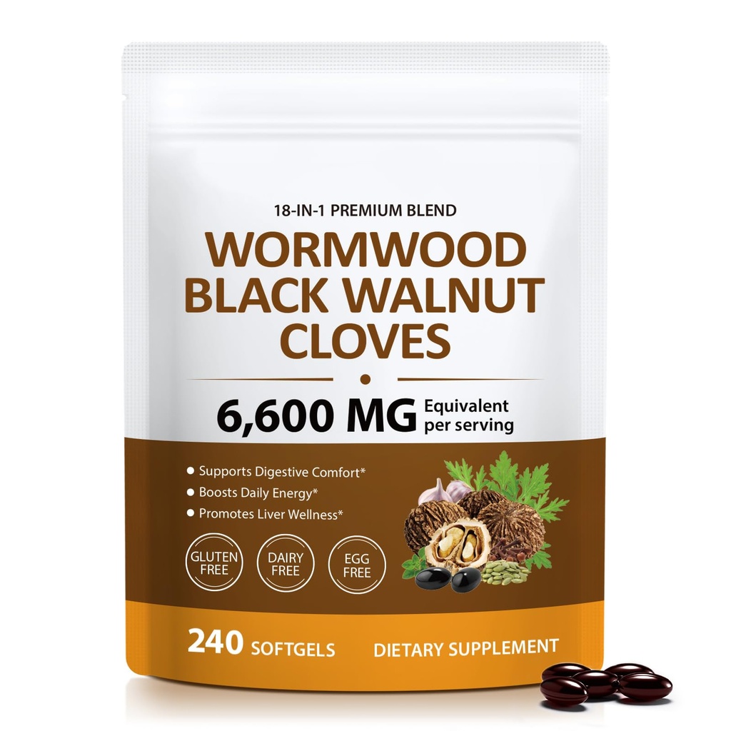 18-in-1 Wormwood Black Walnut Clove Herbal Softgels, Rapid Gut Cleanse & Digestive Health with Black Walnut Hull, Wormwood, Clove, Garlic, Oregano, Pumpkin Seed, Easy-to-Swallow, 240 Softgels