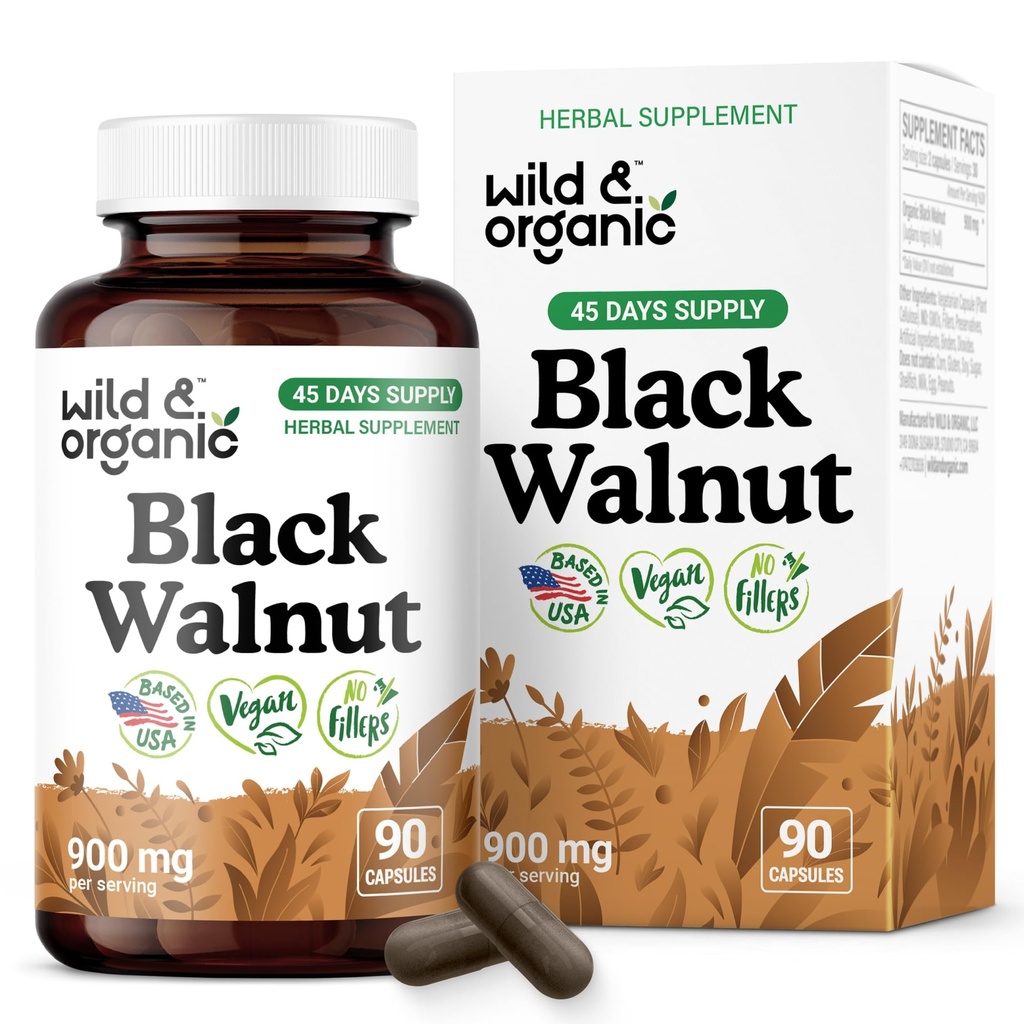 Wild & Organic Black Walnut Capsules 900 mg - Detox & Cleanse Support - Black Walnut Hull Powder Supplement - Juglans Nigra Herb - 45 Days of Supply - Vegan, No Fillers, Non-GMO - 90 Count