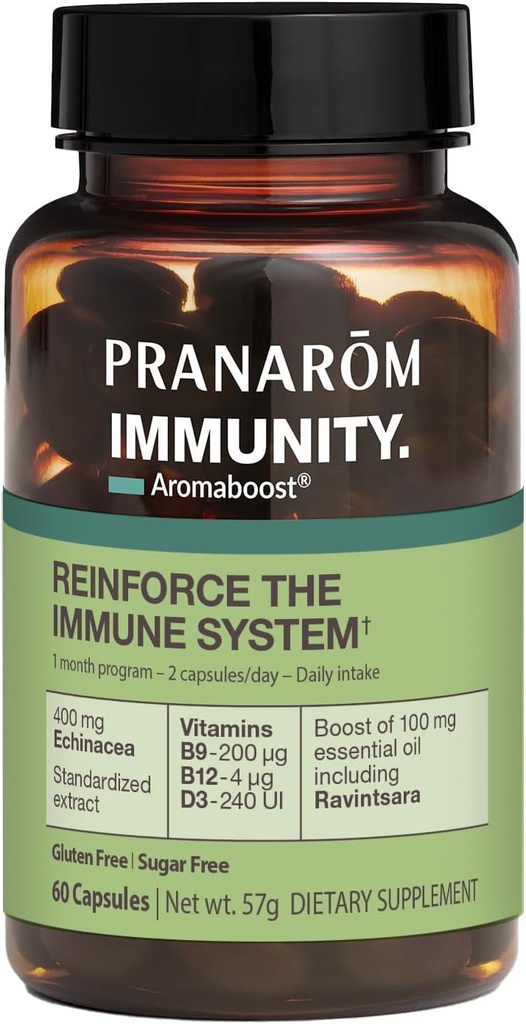 Pranarom - Enfest Immunity Herbal Supplement - Black Cumin, Echinacea, Vitamins B9, B12, D3, Pure Ravintsara Essential Oil for Immune Support - 60 Capsules