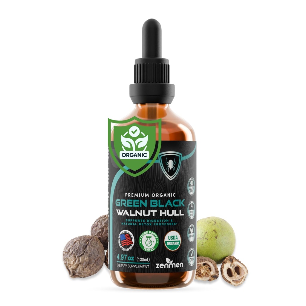Zenmen Organic Green Black Walnut Hull Tincture - Highly Potent Formula, Source of Antioxidants - 4.97 fl oz / 120ml, Vegan, Manufactured in The USA