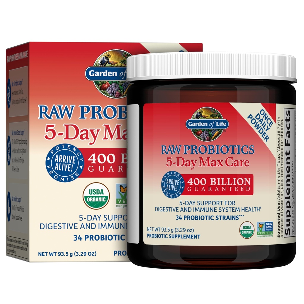 Life Organic Probiyotik Toz for Women and Men - Raw Probiyotiks 5-Day Max Care 400 Milyar CFU - Banana, High Bifido 5 Gün Formula with Enzymes, Prebiyotiks for Digestive and Immune Health
