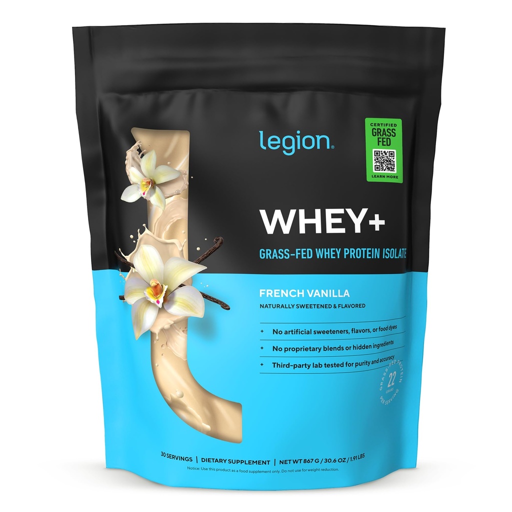 LEGION Whey+ Protein Whey Isolate from Grass Fed Cows (French Vanilla, 30 Servings) - Whey Protein Isolate Powder, Low Calorie, Non-GMO, Sugar Free, Lactose and Gluten Free, All Natural Protein Powder