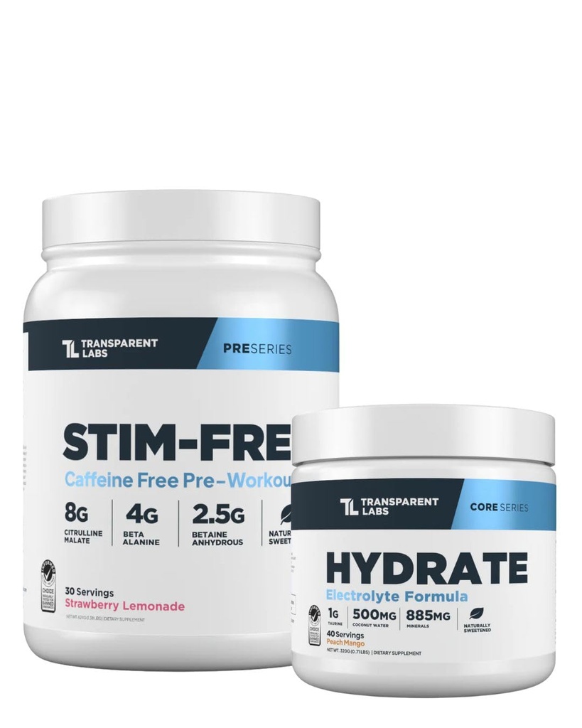 Transparent Labs Stim-Free Pre-Workout Powder (30 Servings, Strawberry Lemonade) & Hydrate Electrolytes Powder (40 Servings, Peach Mango)