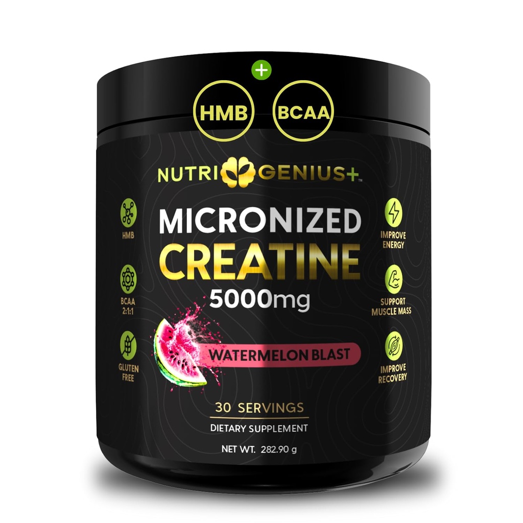 Creatine Monohydrate 5g with BCAAs –Support Muscles, Cellular Energy and Cognitive Function* – Watermelon Micronized Powder – 30 Servings Keto Friendly - Gluten-Free