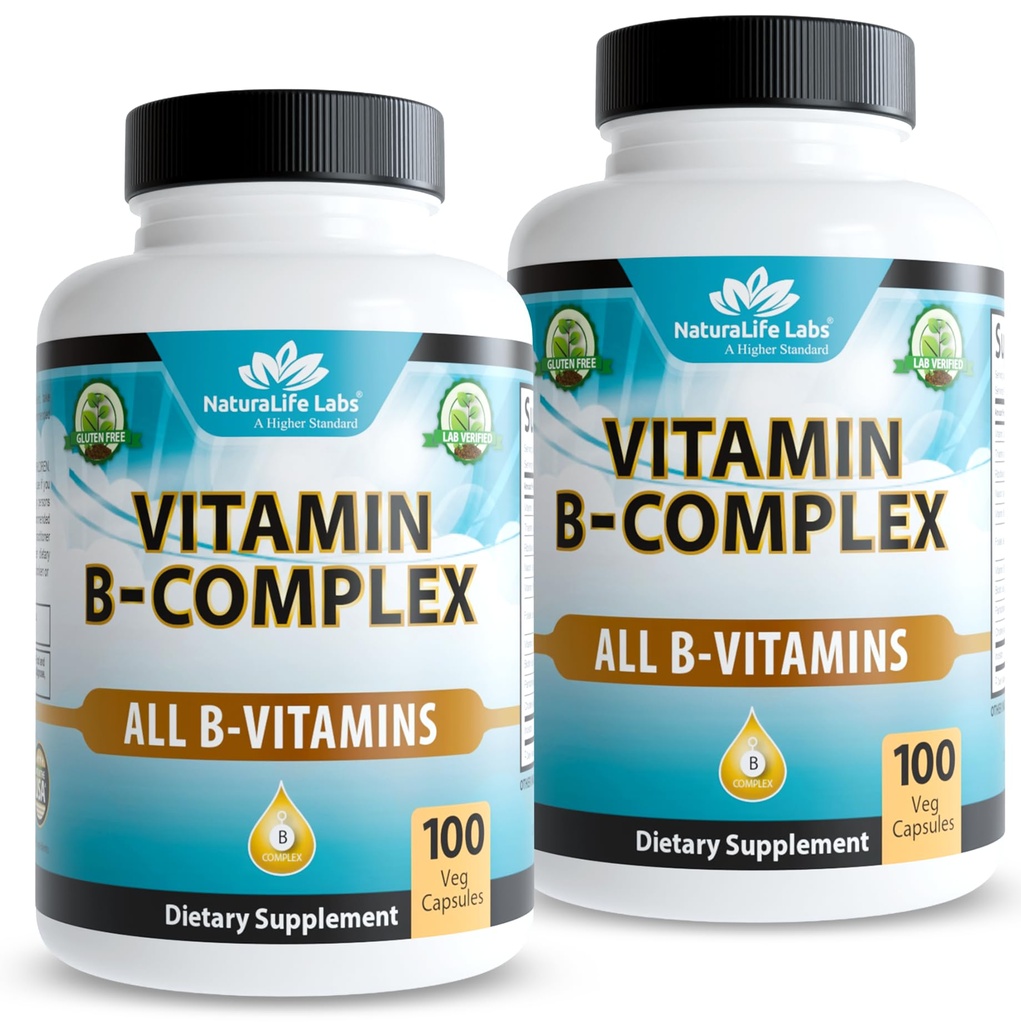 Vitamin B-Complex with Vitamin C – Includes Active B2 (Riboflavin-5-Phosphate), B6 (Pyridoxal-5-Phosphate), B9 (5-MTHF) and B12 (Methylcobalamin); plus B1, B3, B5 and B7 – 100 Capsules (2 Pack)