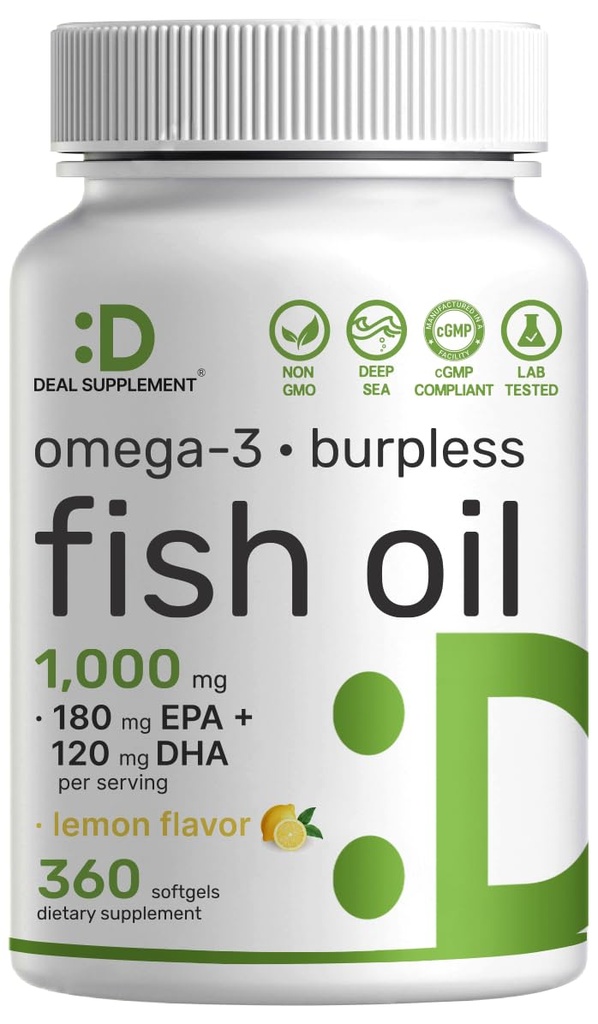 Omega-3 Fish Oil Burpless Formula from Wild Caught Deep Sea Fish, 360 Softgels | 1,000 mg Fish Oil with 180 mg EPA & 120 mg DHA per Serving | Natural Lemon Flavor | Non-GMO, cGMP Manufactured