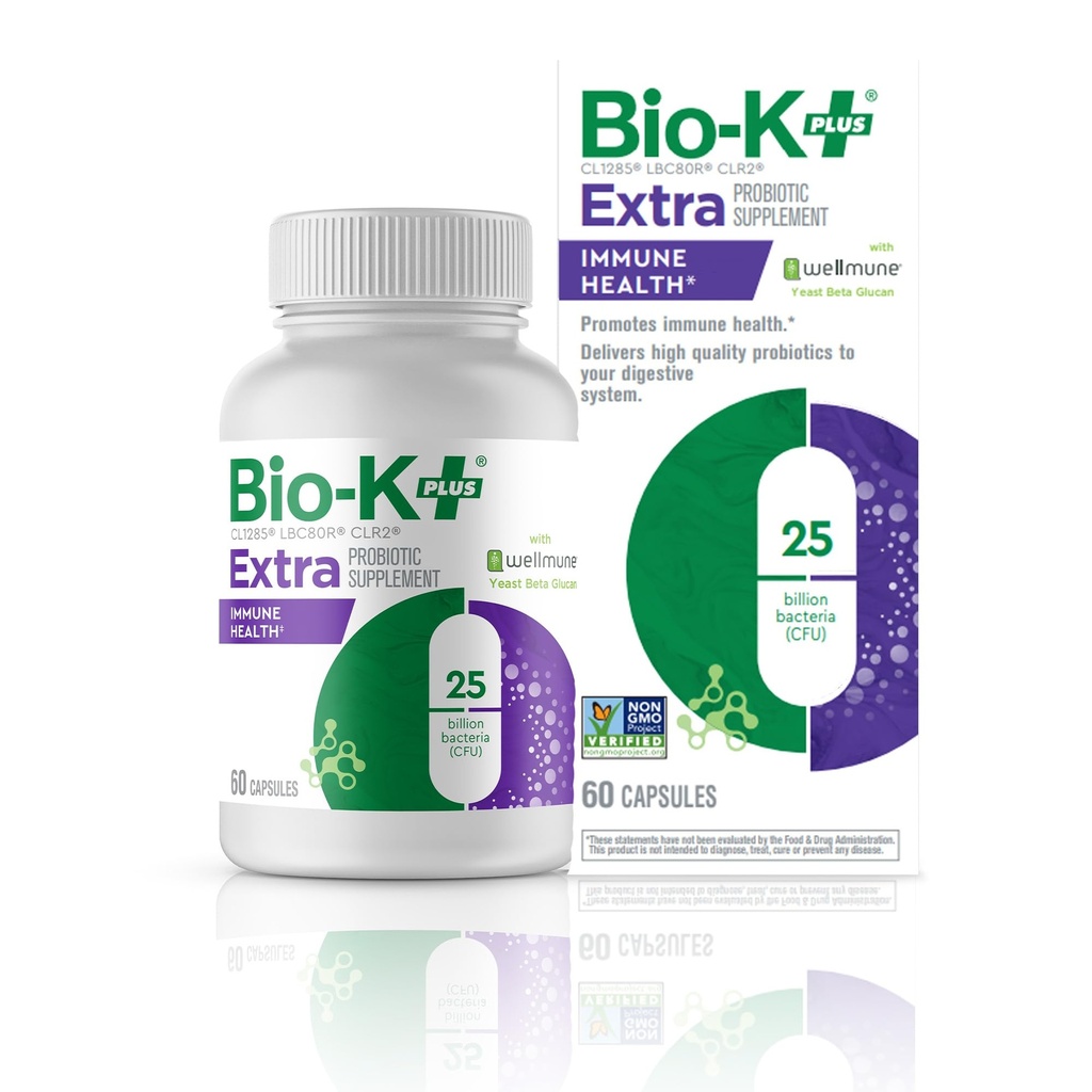 Bio K+ Probitotic for Immune Health with Wellmune, Delayed Release Probiotic Supplement Immune & Digestive System, 25 Billion CFU, Vegan, Shelf-Stable – 60 Capsules