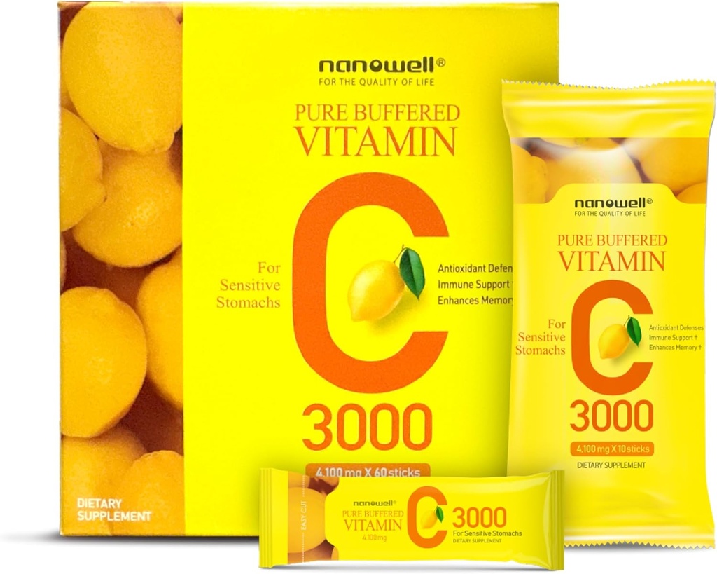 NANOWELL Saf Buffered Vitamin C 3000 mg per Service, Diyetsel Supplement for Immune Support - 60 Sticks x 1 Box, 2 Ay Supply (60)