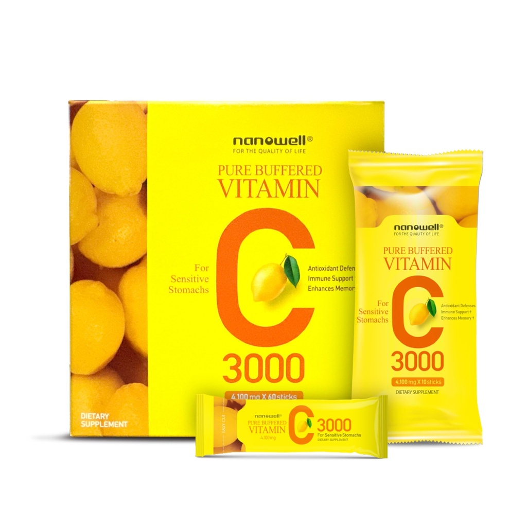 NANOWELL Saf Buffered Vitamin C 3000 mg per Service, Diyetsel Supplement for Immune Support - 60 Sticks x 1 Box, 2 Ay Supply (60)
