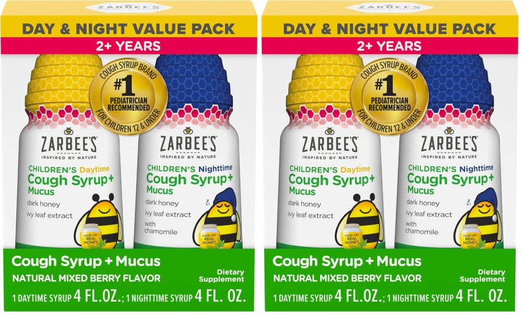 Zarbee's Children's Honey Cough Syrup + Mucus Day & Night Value Pack,Daytime & Nighttime Toddler Cough Syrup,Dark Honey,Ivy Leaf Extract,Chamomile,Mixed Berry Flavor,4 Fl Oz, (Pazar, 4 Fl Oz,(Pazar)
