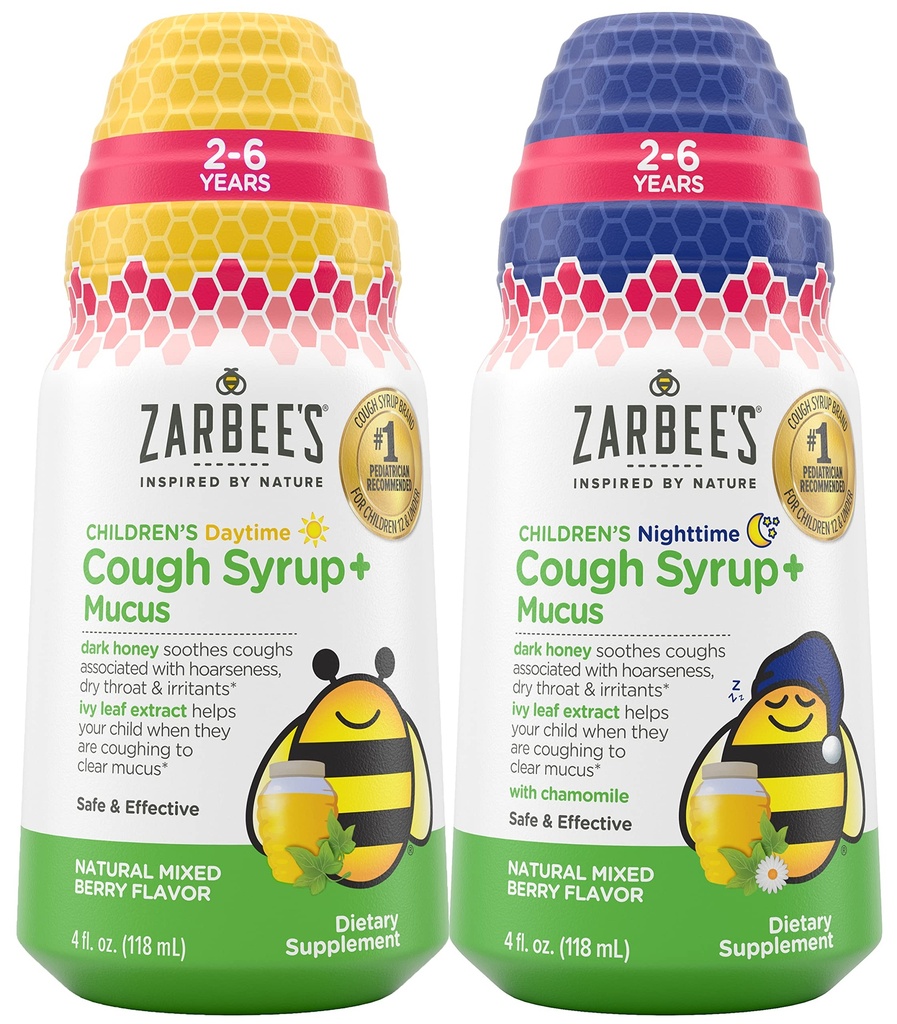 Zarbee's Kids Cough + Mucus Daytime and Nighttime for Children 2-6 with Dark Honey, Ivy Leaf, çinko & Elderberry, 1 Pediatr önerilen, Uyuşturucu ve Alkol Özgür, Karma Berry Flavor, 4FL Oz